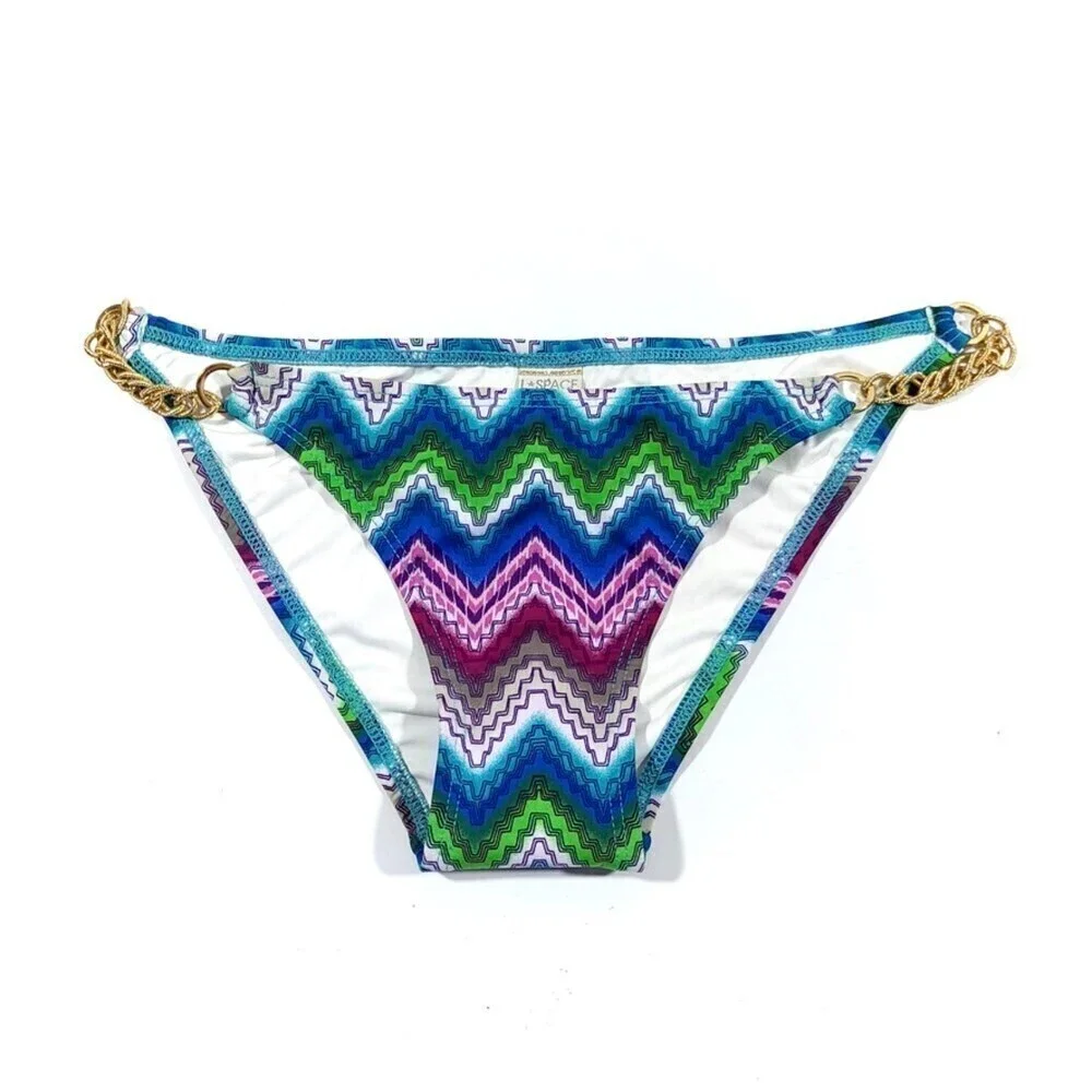 NEW L*Space Rope Chain Strape Bikini Bottom Blue Green Boho Chevron Print Small